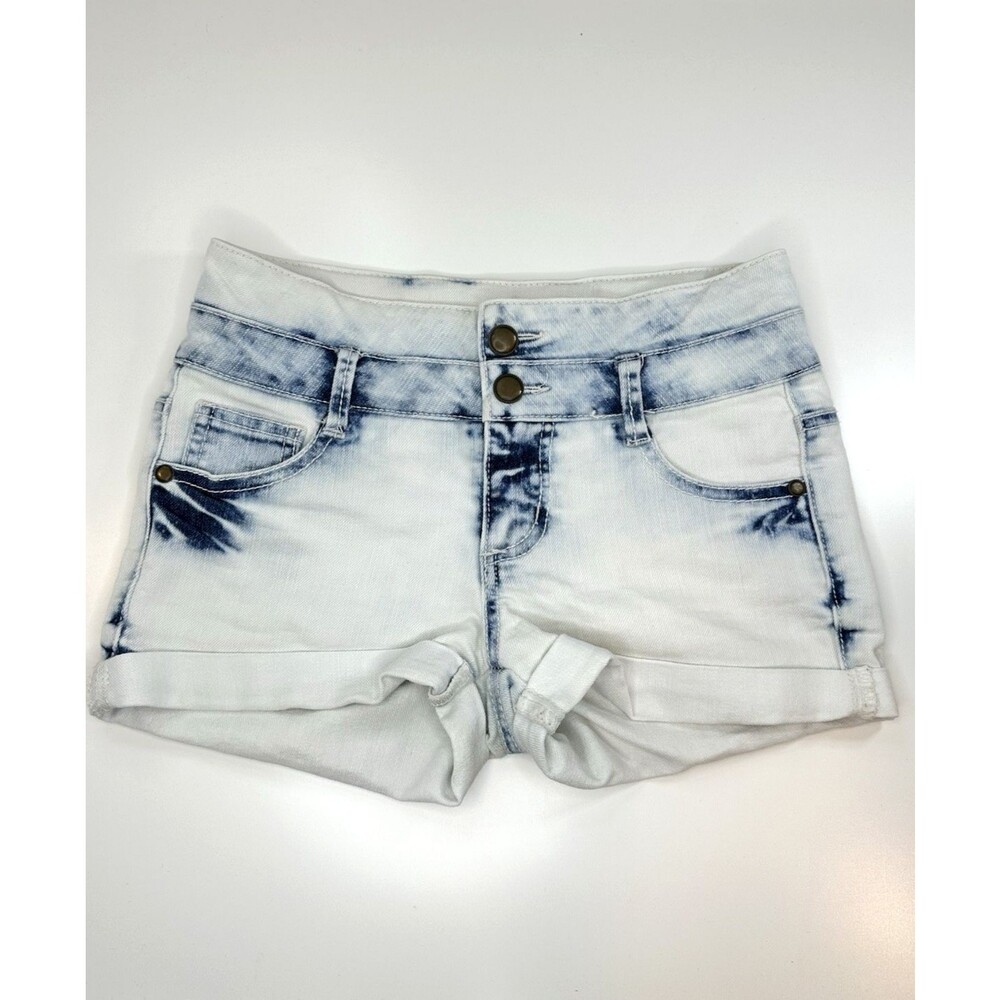 Acid Washed JEAN Shorts High Waist Adjustable Double Button Snap Cuffed Girls M